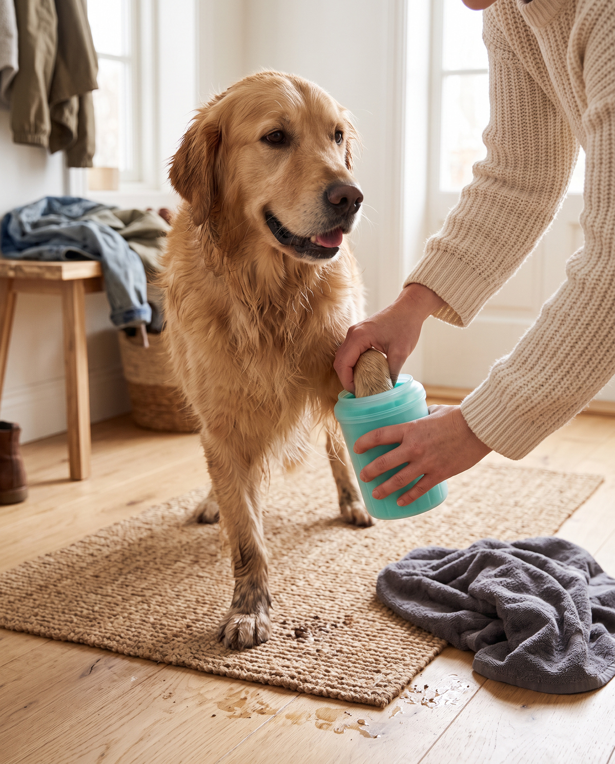 Cleaning a muddy golden retriever paw at the front door